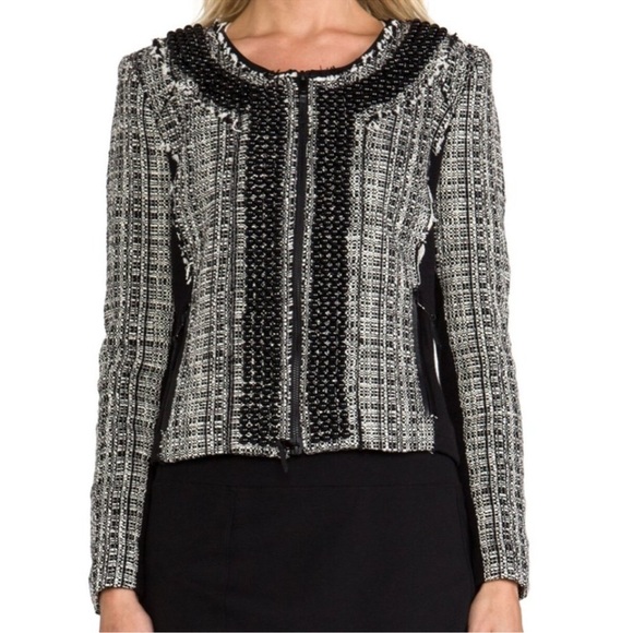 MILLY Studded Leather Trim Tweed Jacket 8 Black White - Picture 9 of 10